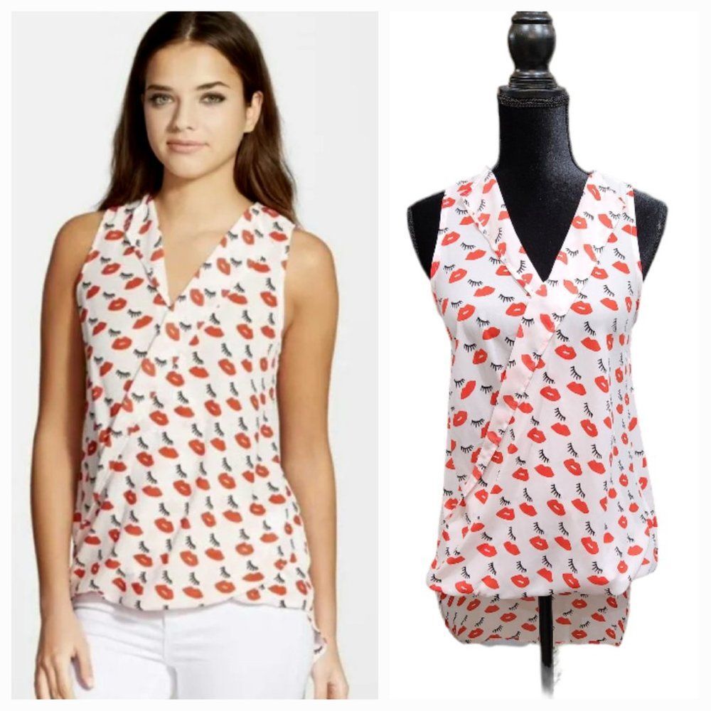 Ro&De Sleeveless Lips Kisses and Lashes Crossover High Low Blou…